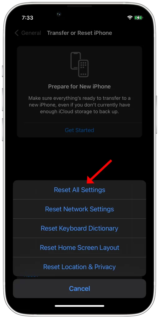 tap reset all settings