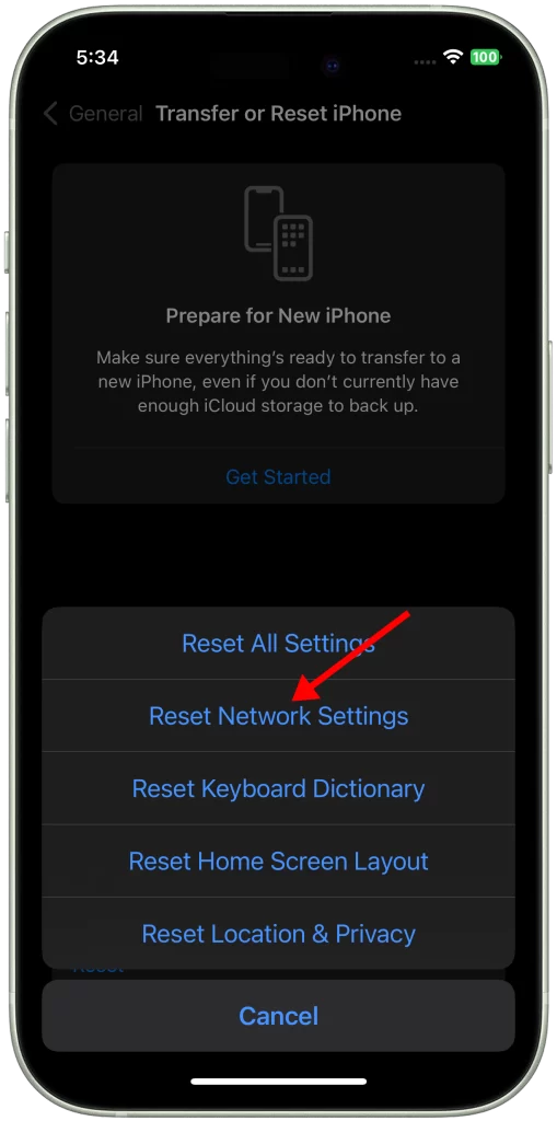 Tap Reset Network Settings