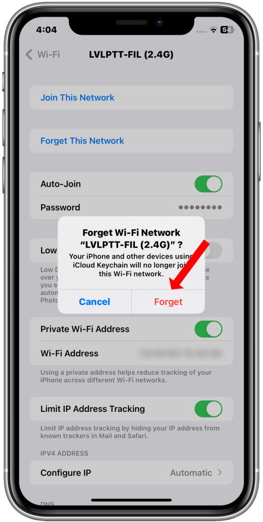 confirm Forget network iPhone