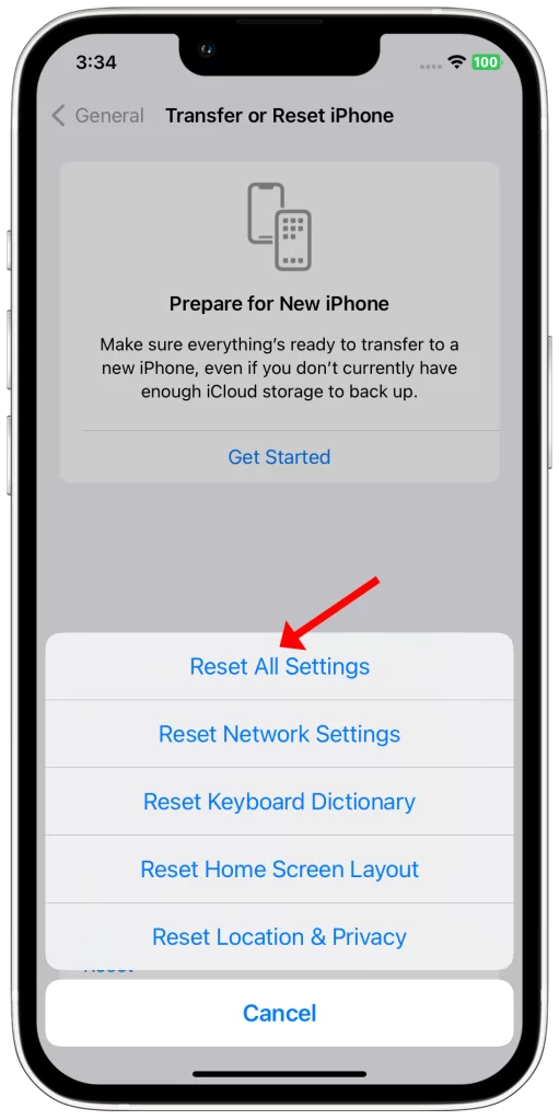 tap reset all settings