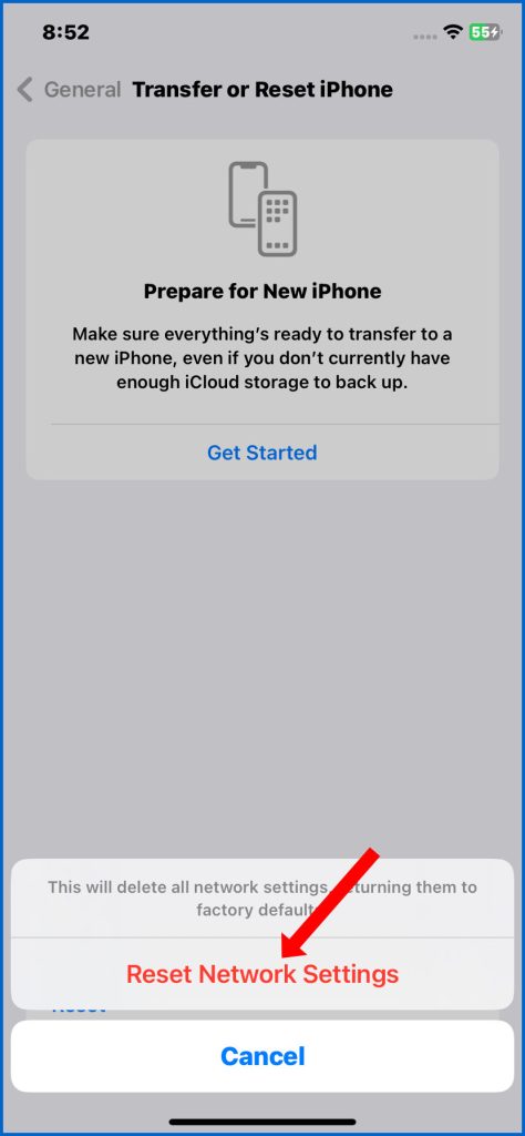 Confirm Network Reset iPhone