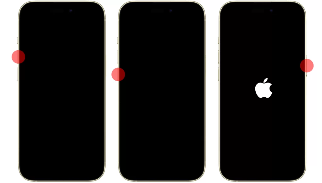 To force restart your iPhone, follow these steps:
Press and quickly release the volume up button.
Press and quickly release the volume down button.
Press and hold the side button until the Apple logo.